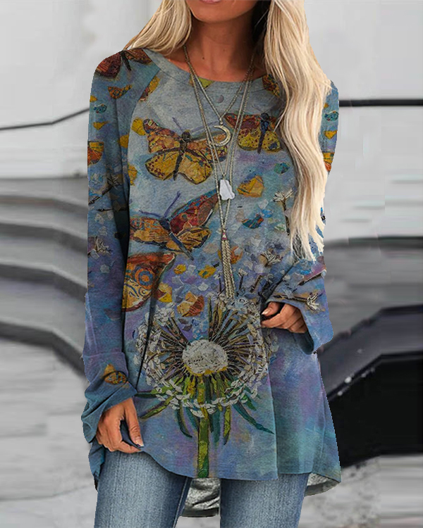 US$ 26.98 - Women's Butterfly and Flower Print T-Shirt - www.narachic.com