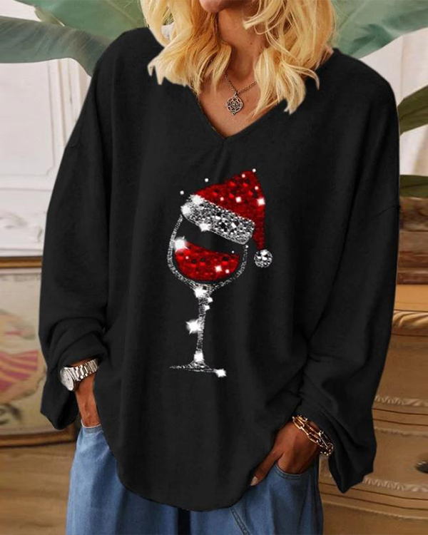 US$ 26.98 - Casual Christmas Wine Glass Print V-neck Blouses - www ...