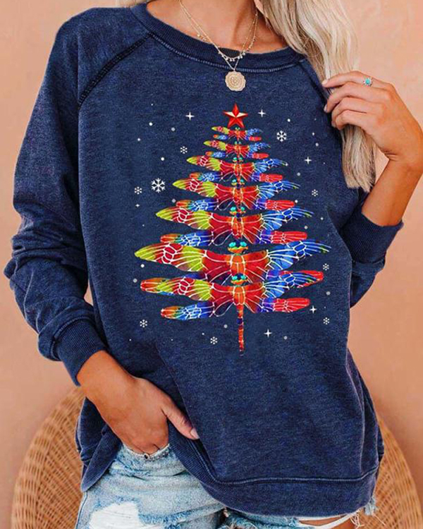 US$ 31.39 - Christmas Tree Dragonfly Print Sweatshirt - www.narachic.com