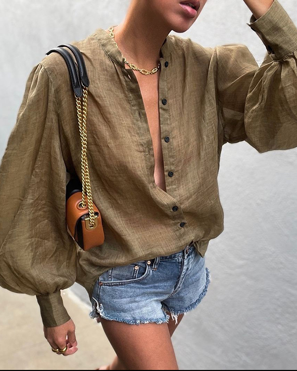 US$ 25.99 - Solid Color Puff Sleeve Loose Casual Shirt - www.tangdress.com