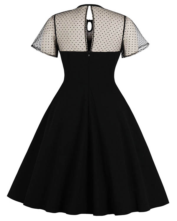 US$ 43.98 - Elegant Lace Stitching Short Sleeve Polka Dot Midi Dress ...