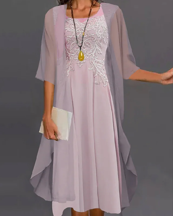 US$ 46.99 - Fake Two Piece Lace Round Neck Chiffon Coat Dress - www ...