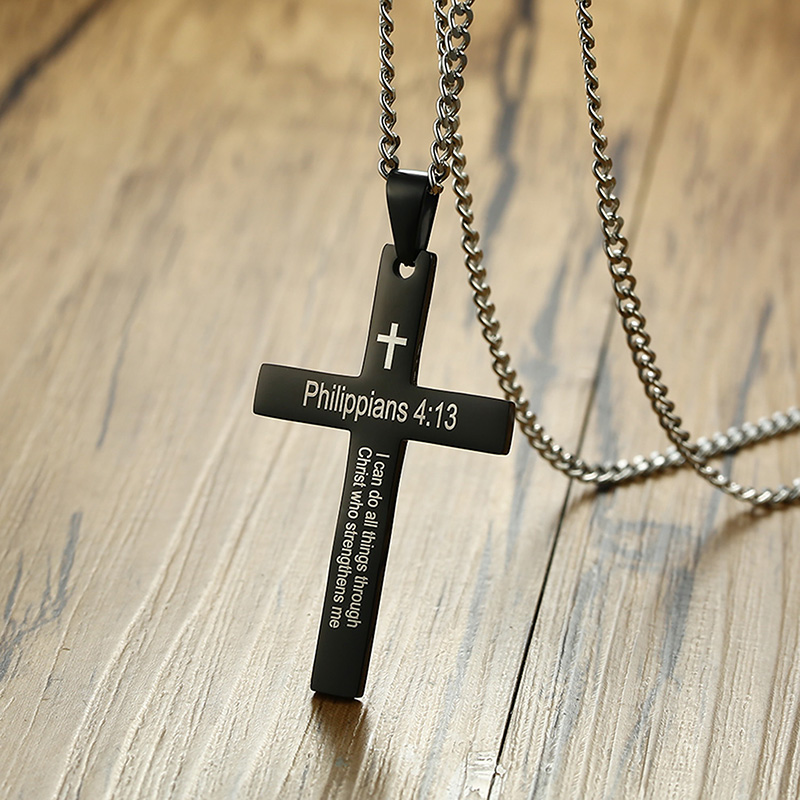 Men Jesus Cross Necklace Pendant Strength Bible Verse Philippians 4:13 ...