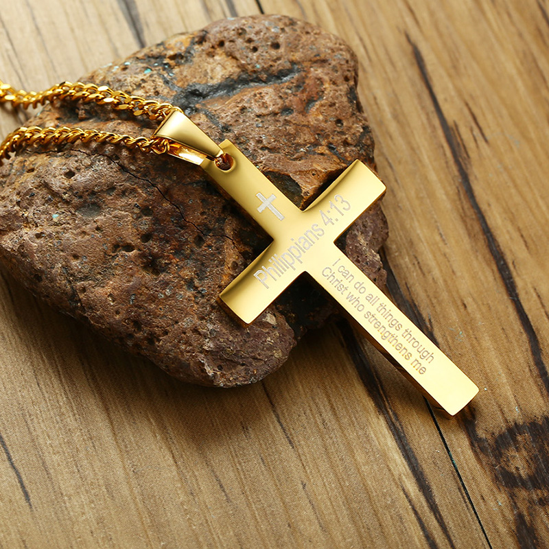 Men Jesus Cross Necklace Pendant Strength Bible Verse Philippians 413