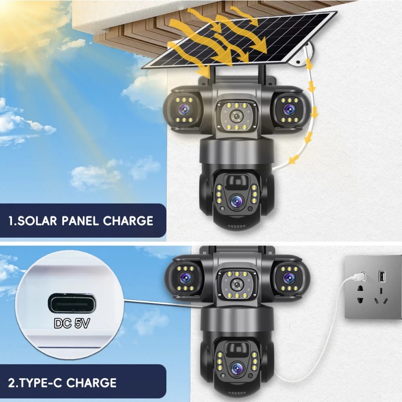 V380 Pro 3 Lens IP Solar Camera HD 15 MP CCTV Night Vision Two-Way