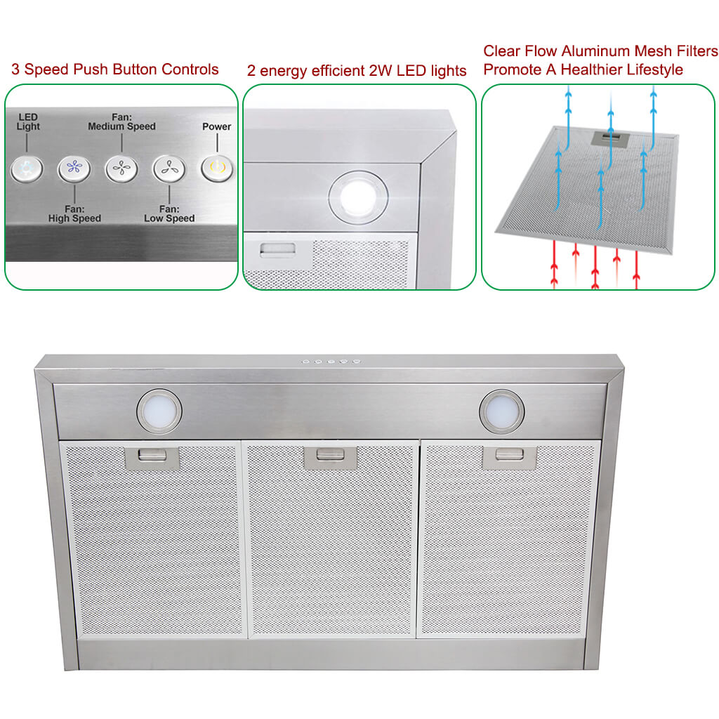 36" Under Range Hood 350 CFM 3 Speed Exhaust Fan Kitchen Over