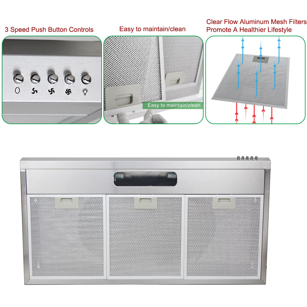 36 inch Under Range Hood Slim Kitchen Over Stove Vent 3speed