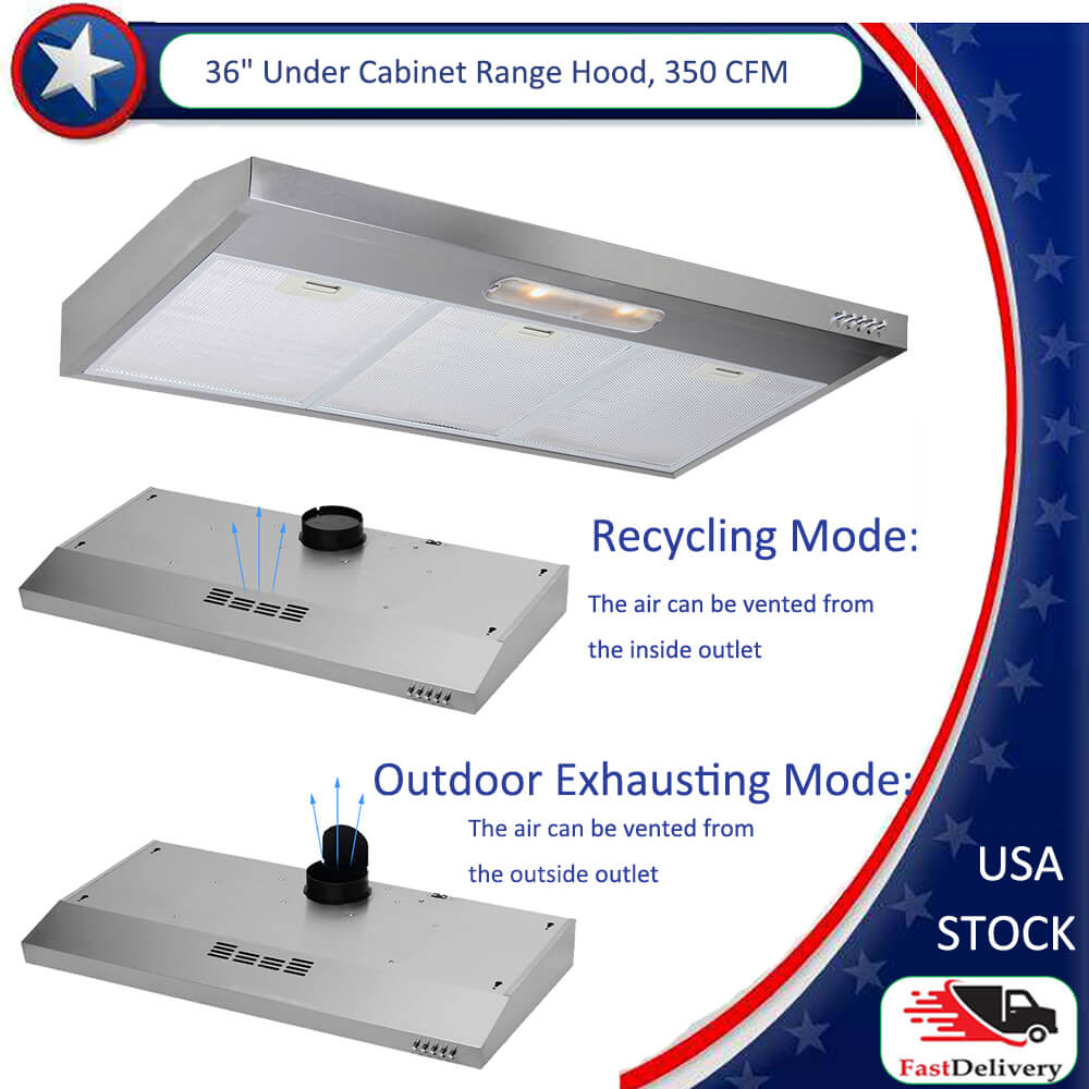 36 inch Under Range Hood Slim Kitchen Over Stove Vent 3speed