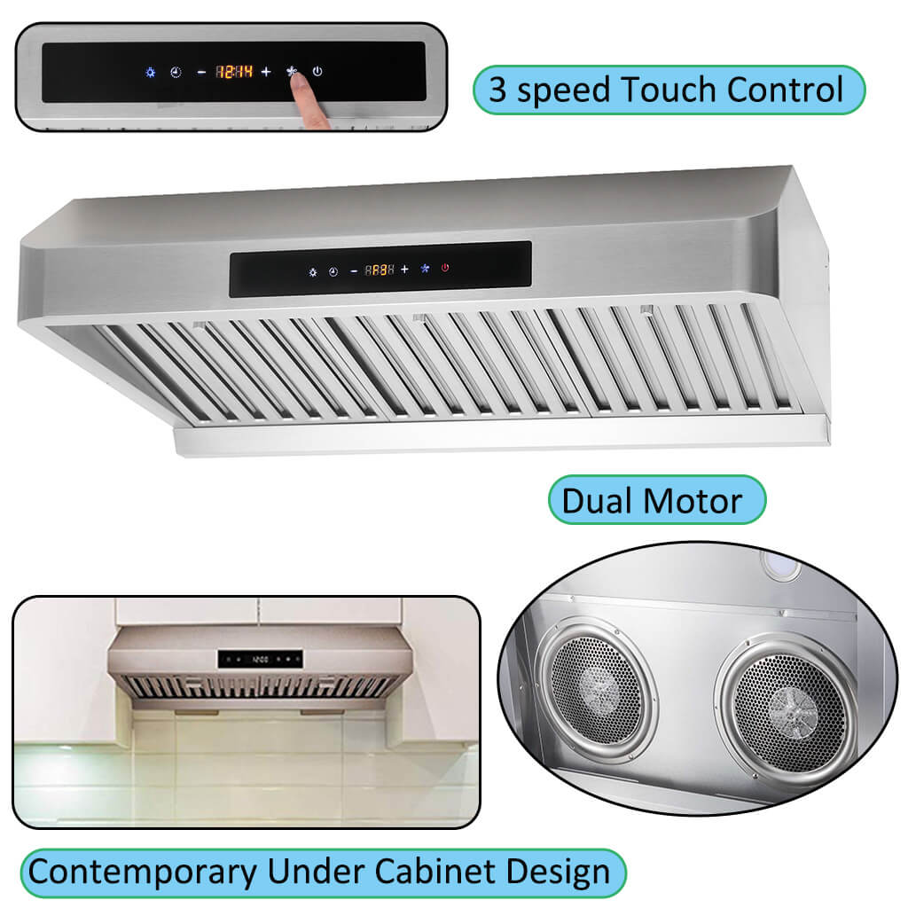 30" Stainless Steel Dual Motor Kitchen Range Hood Under Touch