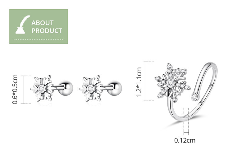 New Snowflake Shape Stud Earrings Rings Jewelry Set Women Fashion S925 Sterling Silver Stud Earrings Open Adjustable Size Rings