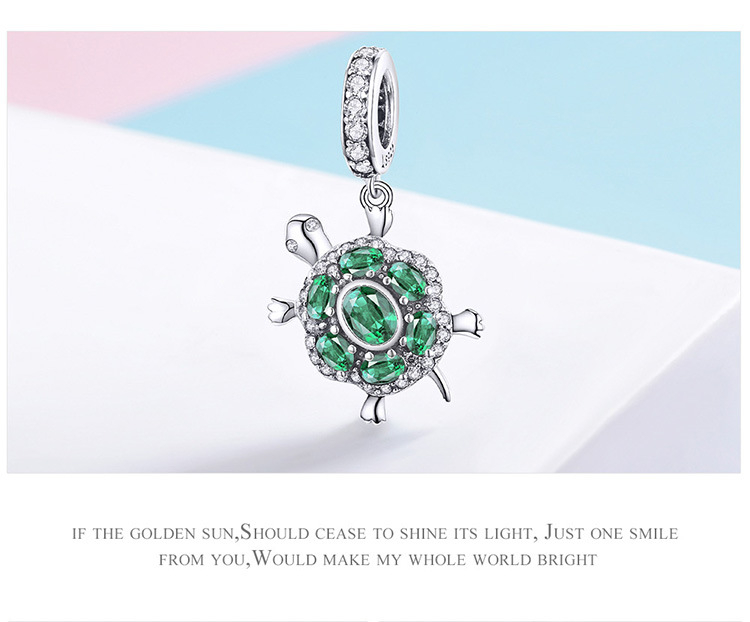 New Creative S925 Sterling Silver Cute Green Crystal Turtle Necklace Pendant Women Fashion Bracelet Beaded Girls Jewelry DIY Accessories