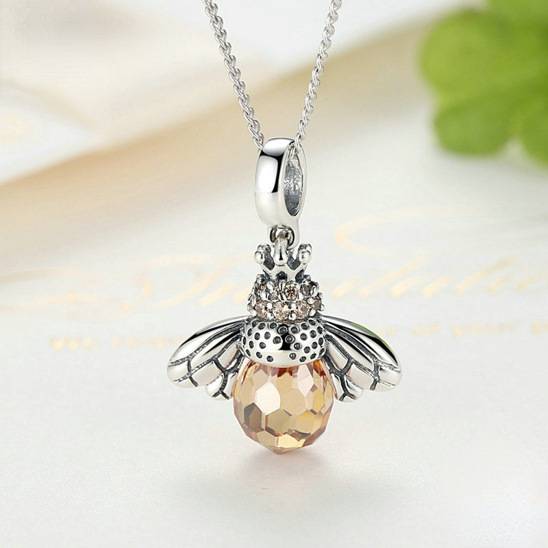 New Creative S925 Sterling Silver Inlaid Zircon Crystal Bee Necklace Pendant Women Fashion Necklace Bracelet Beads Casual Jewelry DIY Accessories