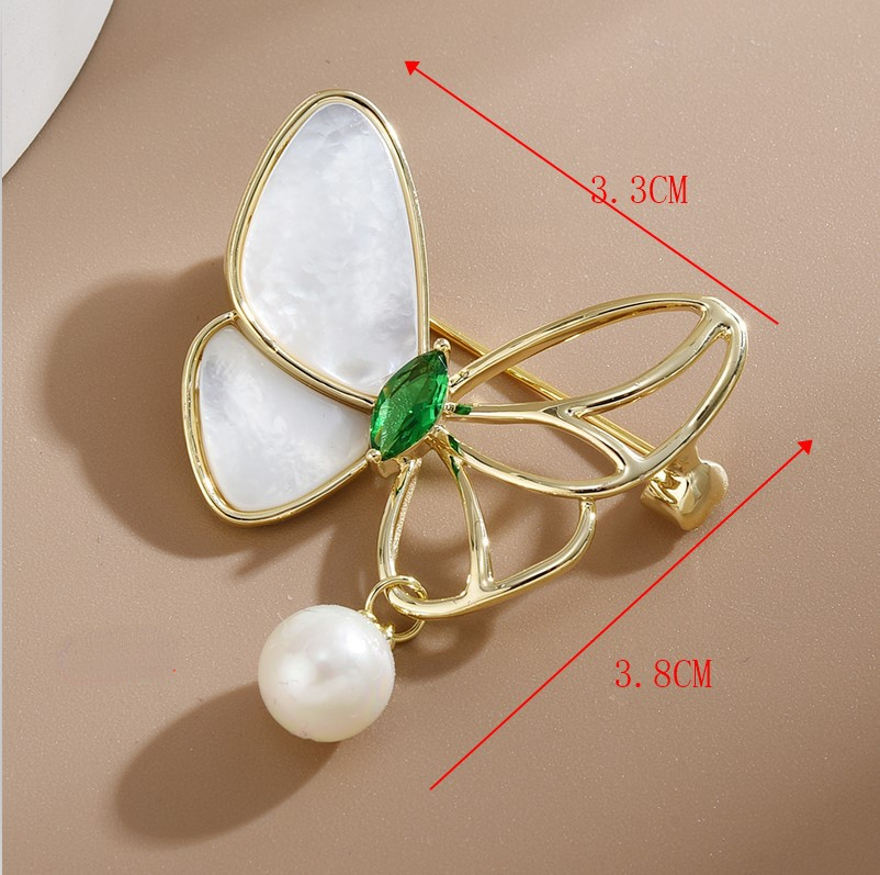 New White Shell Butterfly Zircon Pearl Brooch Pins for Women Fashion Clothing Suit Corsage Flower Jewelry Brooches Pin