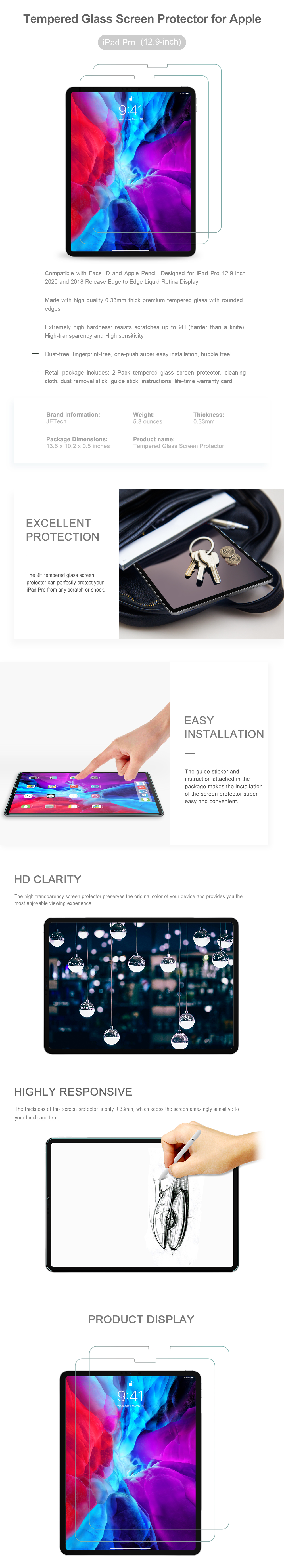 JETech Screen Protector for iPad Pro 12.9" 2020/2018 Tempered Glass