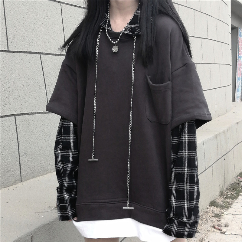 2021 Dark Gothic Kawaii checkered fake two-piece sweater top with war ...