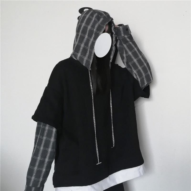 2021 Dark Gothic Kawaii checkered fake two-piece sweater top with war ...