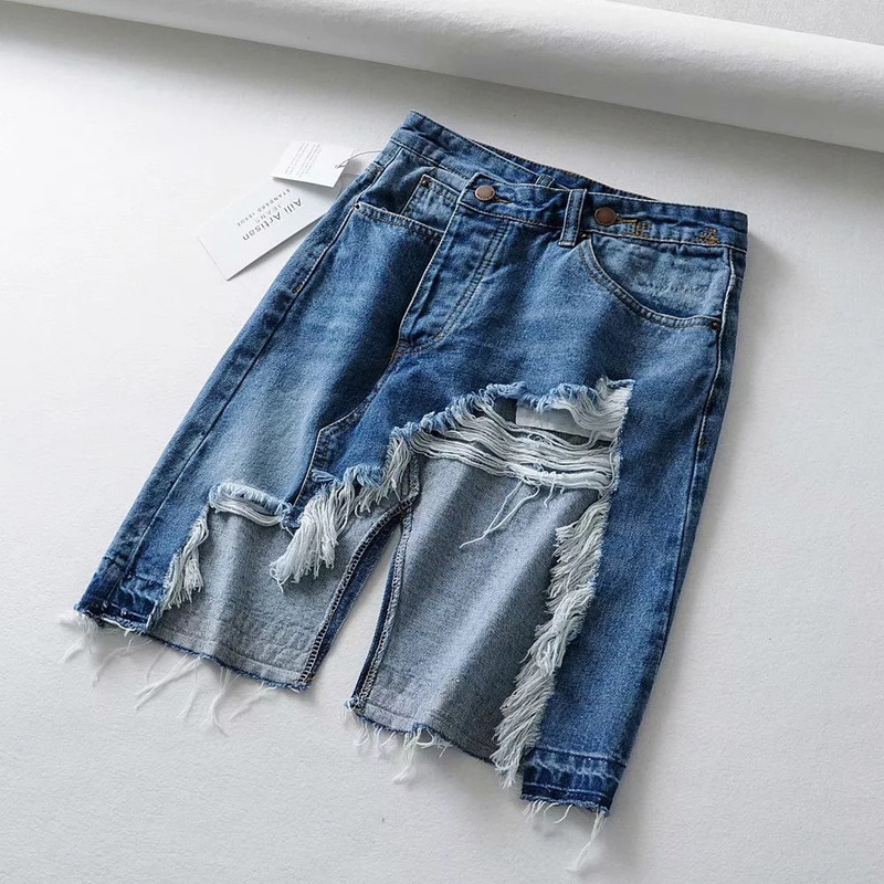 destroyed ripped half length denim pants asymmetric jeans european st ...