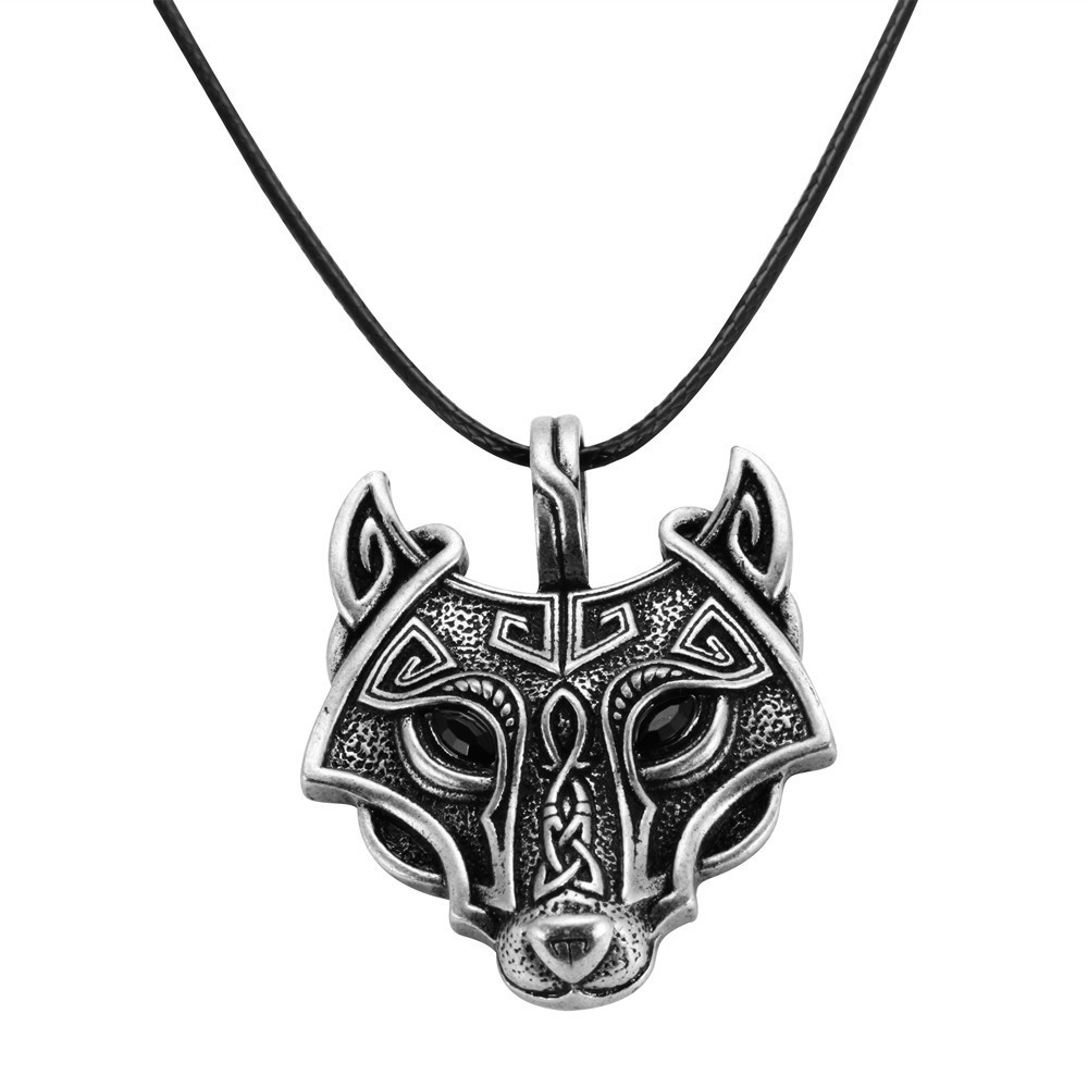 Men Norse Vikings Wolf Head Pendant Black Leather Cord Necklace Chain ...