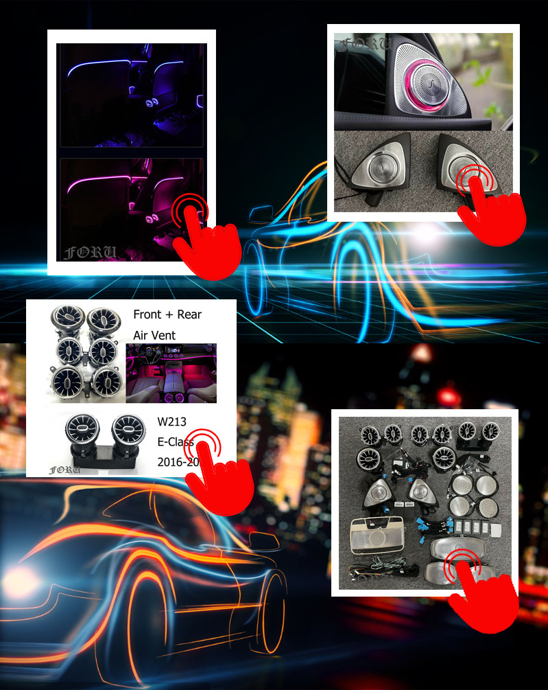 Kit Luci Ambiente W213 64 Colori Per Mercedes Classe E (2017-2022) - 8 Bocchette Turbo LED Per Cruscotto E Console