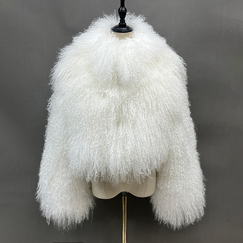 Lady Cropped Mongolian Fur Coat Stand Collar Winter Warm Fur