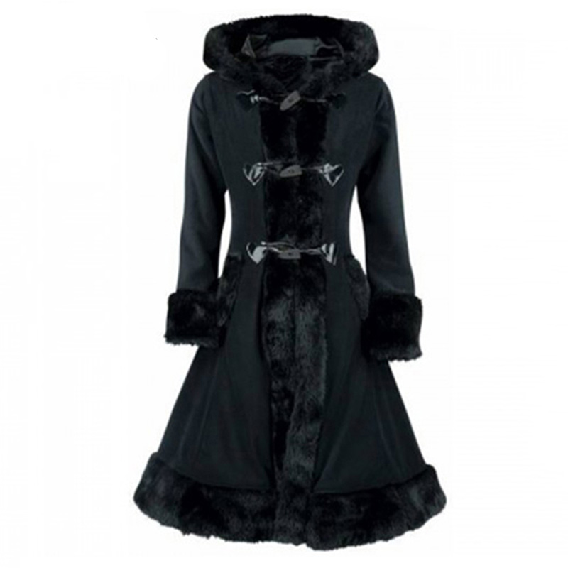 Women Winter Overcoat Hooded Gothic Coat Long Sleeve Black Flocking