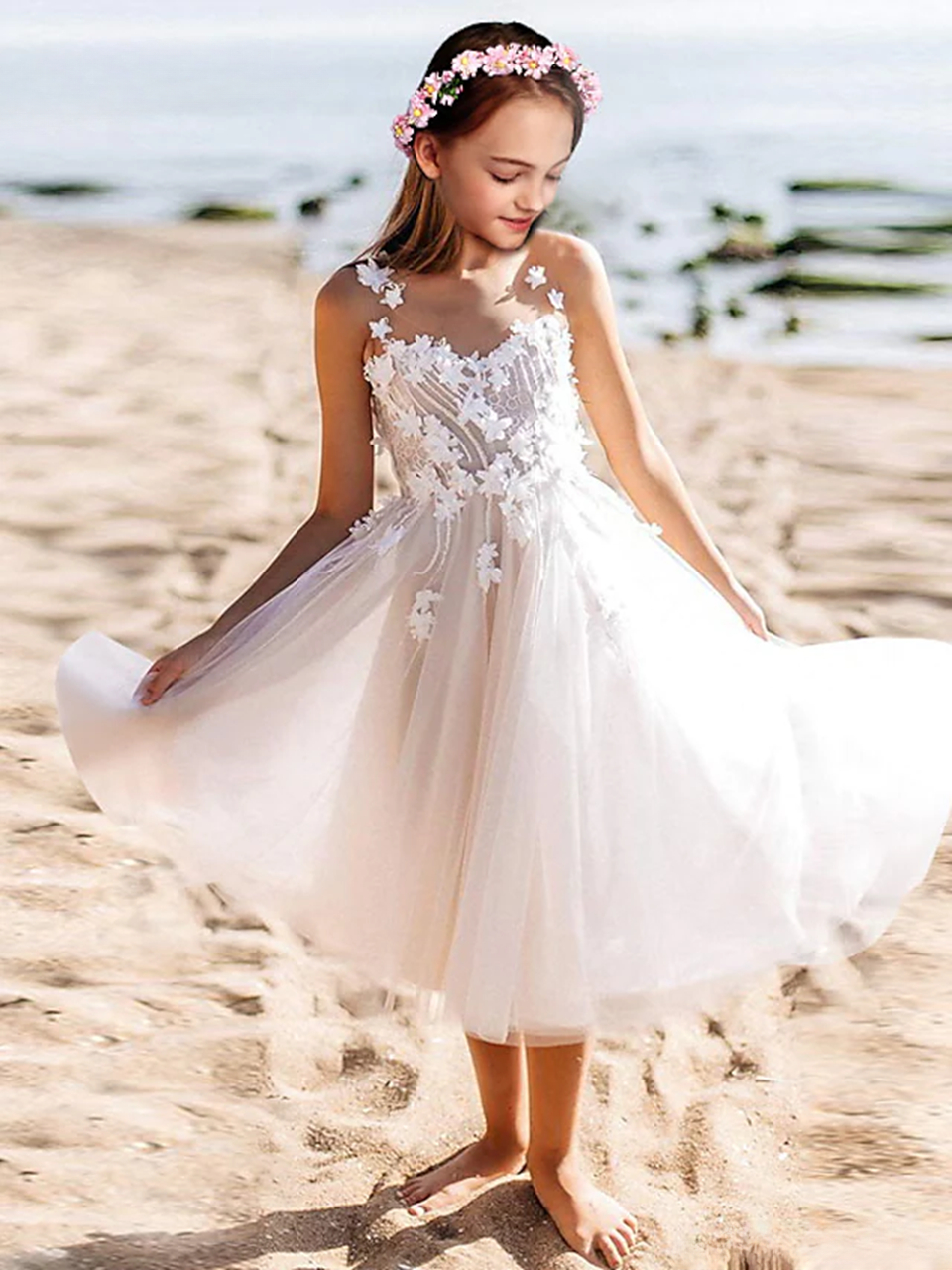 Off Shoulder Scoop Flower Girl Dresses For Wedding Tulle Lace Applique  Beach | eBay